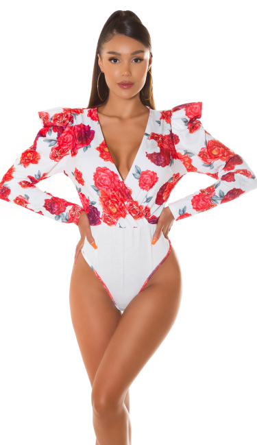 Sexy langmouw bodysuit met bloemen-print wit